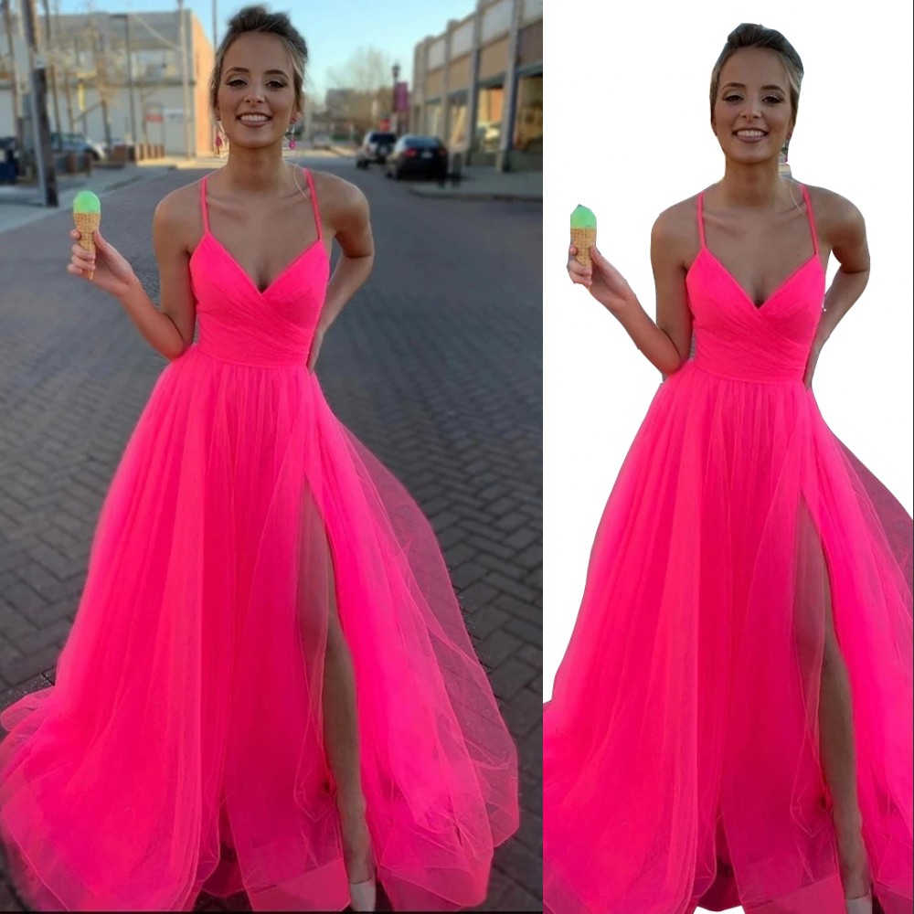 2023 Prom Dresses V Neck Hot Pink Tulle Spaghetti Straps Long Tulle Formal Evening Party Gown Sexy Side Split Graduation Dresses A Line, Daffodil
2023 Prom Dresses V Neck Hot Pink Tulle Spaghetti Straps Long Tulle Formal Evening Party Gown Sexy Side Split Graduation Dresses A Line, Daffodil