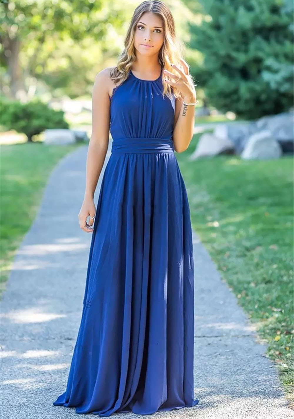 Bridesmaid Dresses Plus Size Gown Formal For Weddings A Line Sleeveless Floor-Length Chiffon New Zipper NONE Train Sashes O-Neck Pleat