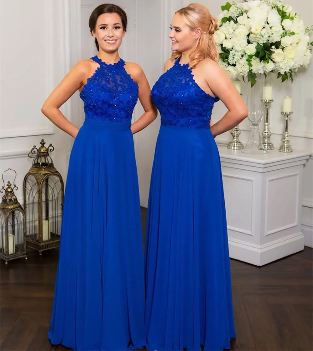 Bridesmaid Dresses Plus Size Royal Blue Gown Formal For Weddings A Line Sleeveless Floor-Length Chiffon New Zipper NONE Train O-Neck Applique Custom P