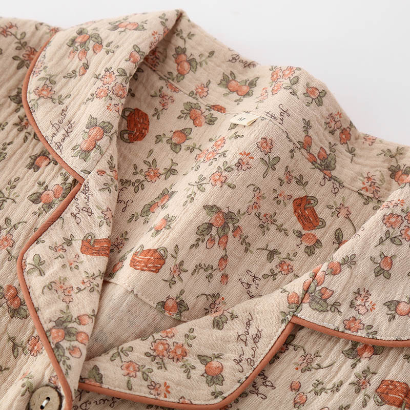 Women's Sleepwear Spring Cotton Crepe Pajamas Women Long Sleeved Lapel Cardigan Vintage Household Clothes Two-piece Set Trousers Sexy Sleepwear 2