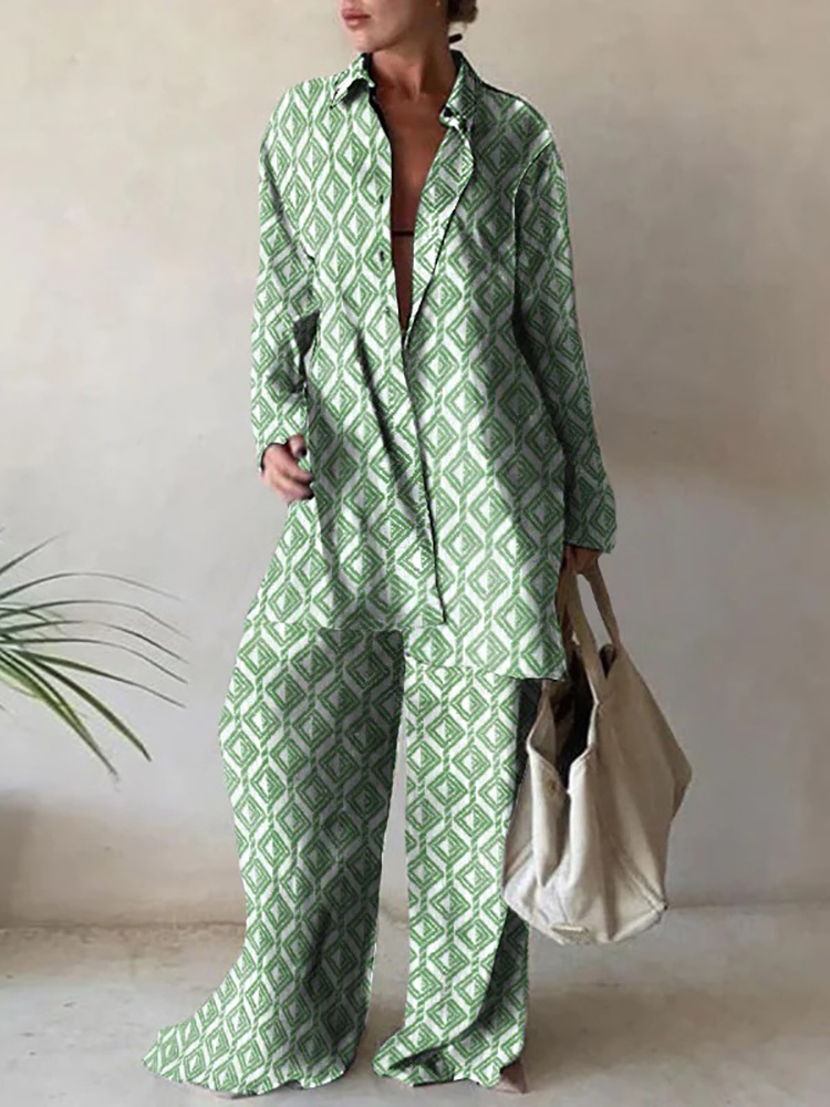 Women's Two Piece Pant Streetwear Sportswear Loose 2PCS Suit Spring Autumn Printing Long Cardigan Top Wide Leg Pants Ladies Outfit Drop 230310