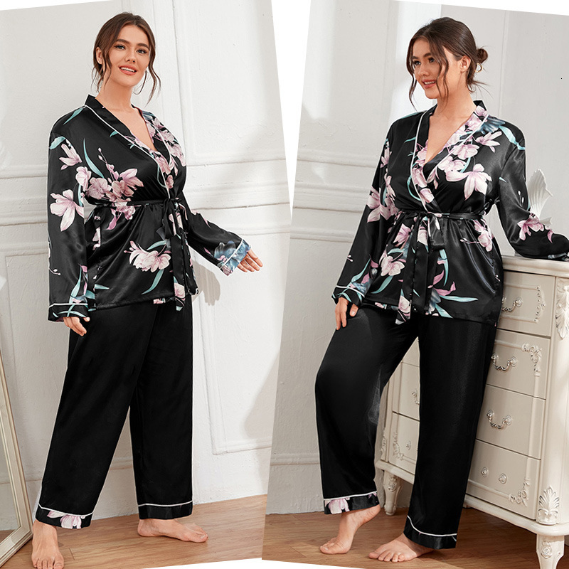 Women's Sleepwear 5xl Large Size Satin Women's Cardigan Printed Robe with Long Trouser Pajamas Set Loose Conjuntos Feminino Elegante Ladies 