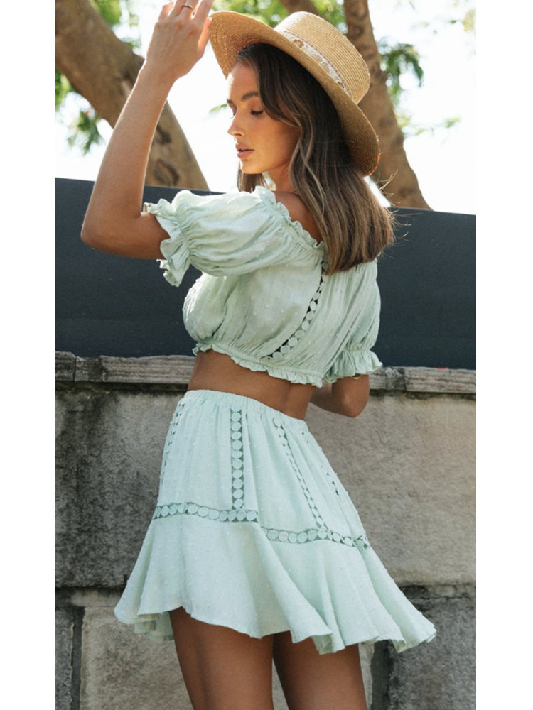 Two Piece Dress Summer Set Bohemian Casual Beach Skirts 2Pcs Sets Lace Off Shoulder Crop Tops and Short Pleated Skirt 230310