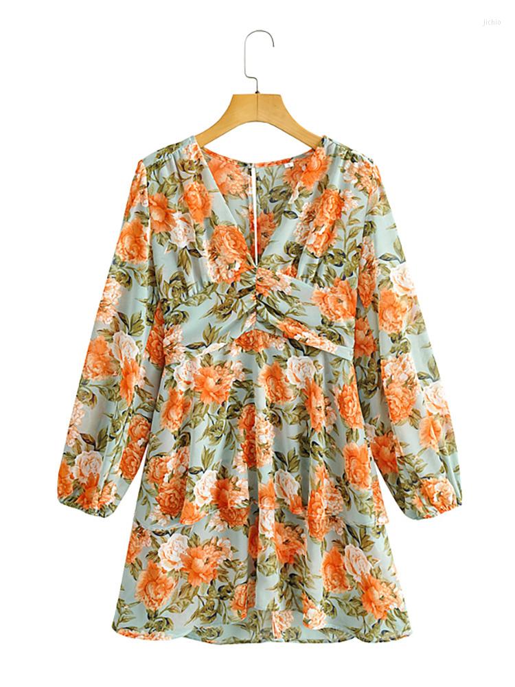 Casual Dresses For Women 2023 V Neck Long Sleeve Lightweight Chiffon Mini Layered Ruffle Hem Elegant Vintage Floral Print