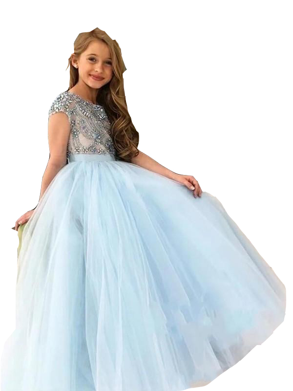 2023 Sky Blue Girls Pageant Dresses Jewel Neck Tulle Crystal Beads Floor Length Long Criss Cross Back Kids Wedding Flower Girls Dress