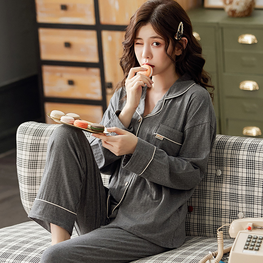 Women's Sleepwear Winter 100% Cotton Pajama for WomenSpring Full Sleeves Soild White Pijama Mujer Invier Pure Cotton Sleepwear Pink Pyjama Femme 