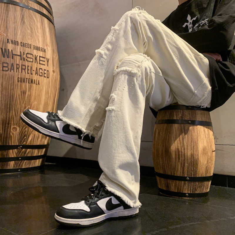 Men's Jeans Street Clothing 2023 New Casual and Comfortable Black Ripped Loose All-match Micro Flared Ladies White Y2303