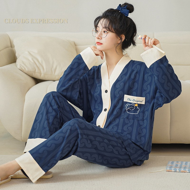 Women's Sleepwear Spring Autumn Polyester Cartoon Print Pajama Sets Women Pyjamas Polka Dots Sleepwear Pijama Mujer Homewear Clothing Nightwear 2