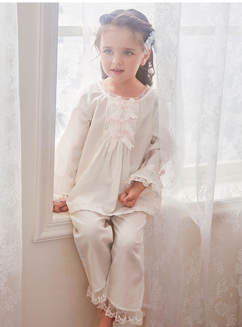 Pajamas Children Girl's Lolita White Princess Pajama Sets.Royal Style TopsPants.Vintage Toddler Kid's Bow Pyjamas set.Sleep Loungewear 23031