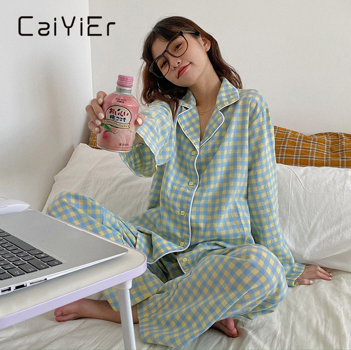Women's Sleepwear CAIYIER Green Grid Women Pajama Set Korean Style Loose Leisure Sleepwear Elastic Waist Pant Nightwear Spring Winter Home Clothi