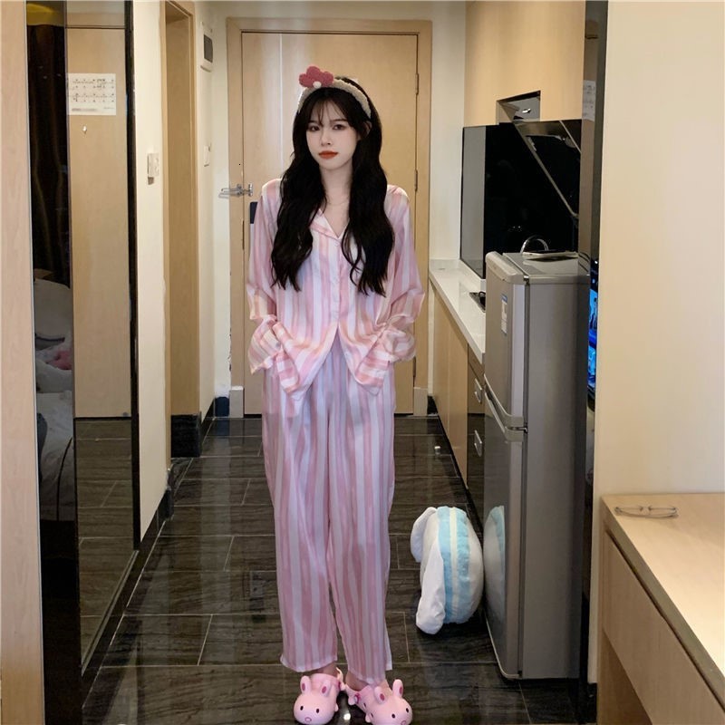 Women's Sleepwear Autumn Winter Long Sleeved Women Pajamas Set Simple Stripes Trousers Pyjamas Sets Loungewear Women Leisure Sleepwear Set 230310