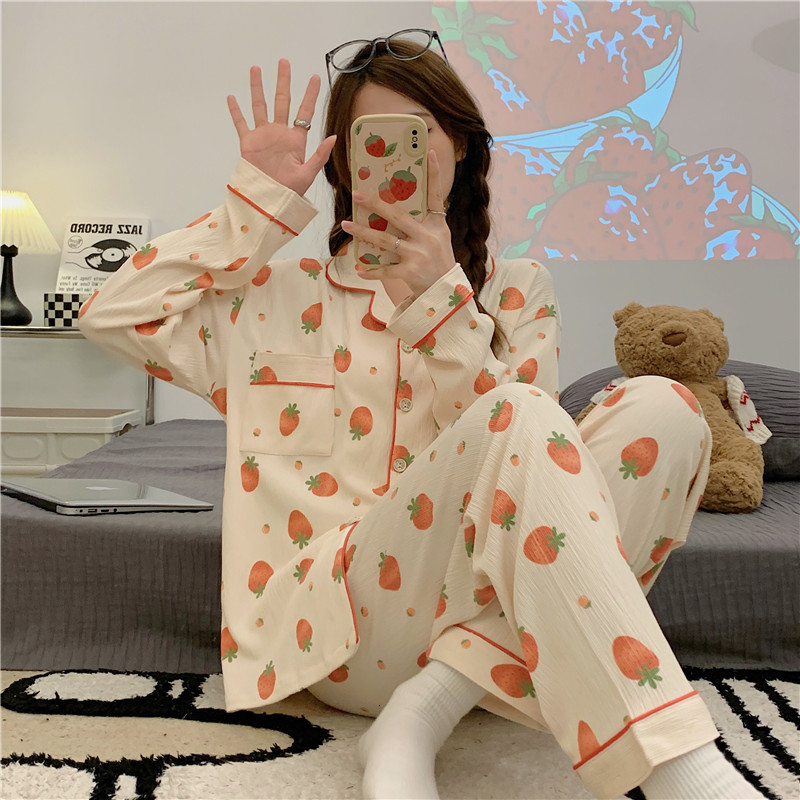 Women's Sleepwear Long Sleeve Pajama Set Turndown Collar Cardigan Strawberry Print Cartoon Women Gauze Cotton Kawaii Trendy Women Pyjamas Elegant