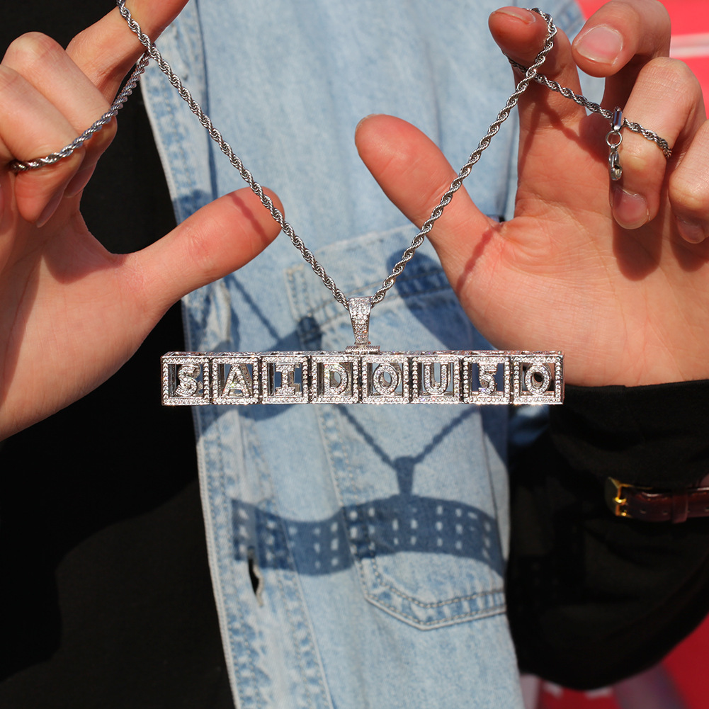 Cube A-Z Initial Letter Custom Name Pendant Necklace Personalized Square Iced Out Cubic Zircon CZ Stone 18K Real Gold Charm Hiphop Crystal DIY Jewelry