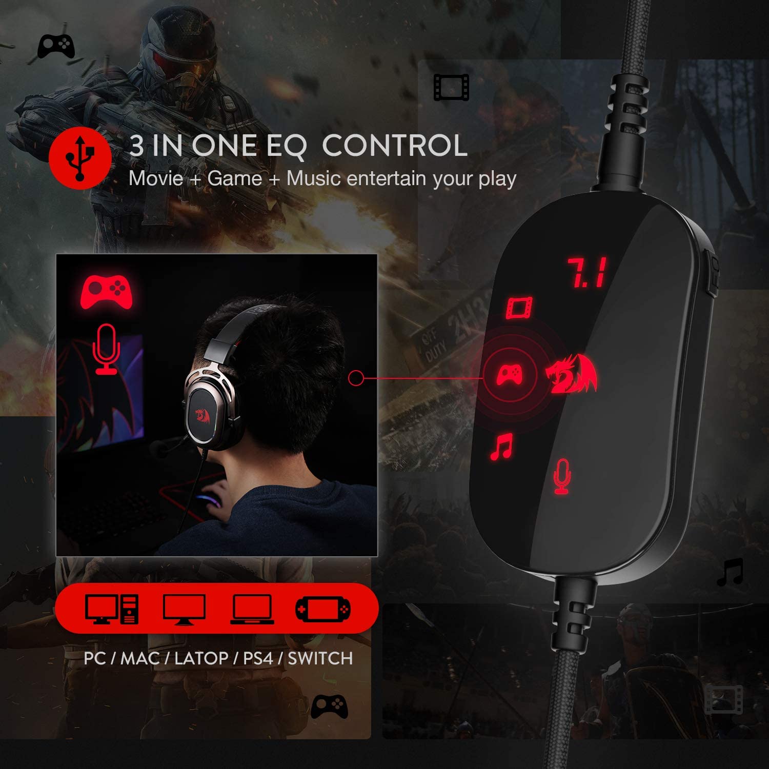 n H710 Helios USB Wired Gaming Headset - 7.1 Surround Sound - Memory Foam Ear Pads - 50MM Drivers - Detachable Microphone