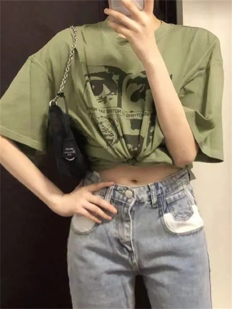Women's TShirt QWEEK Y2K Grunge Graphic Tshirt Green Top Korean Fashion Harajuku Oversize Women Tee Vintage Streetwear Aesthetic T Shirt 230310