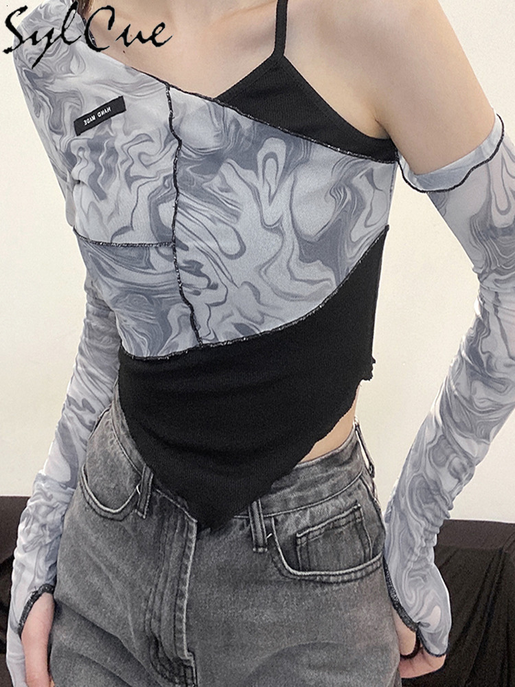 Women's TShirt Sylcue Mesh Asymmetrical Yamamoto Sleeve Sexy Cute Slope Neck Ruffles Fashion Autumn Crop Tops Chic 230311