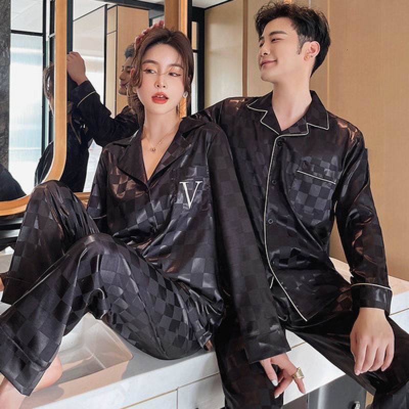 Men's Sleepwear Men Checkered Silk Satin Pajamas Set Home Sleepwear Long Trouser Suit Female Sleep Two Piece Set Couple Loungewear Plus Size 2303