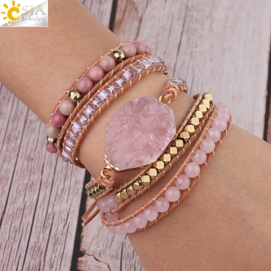 Charm Bracelets CSJA Natural Stone Bracelet Pink Quartz Leather Wrap Bracelets for Women Rose Gems Crystal Beads Bohemia Jewelry 5 Strand S308 230310