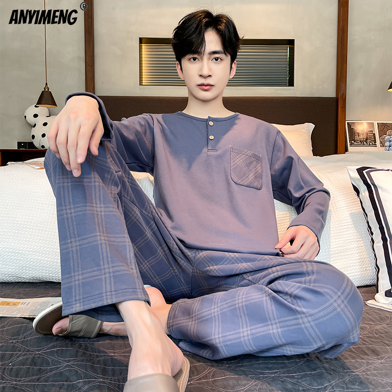 Men's Sleepwear Fashion Sleepwear Young Man's Pajama Set Black Plaid Cool Stylish Korean Pijamas Long Sleeved Autumn Winter Leisure Homewear