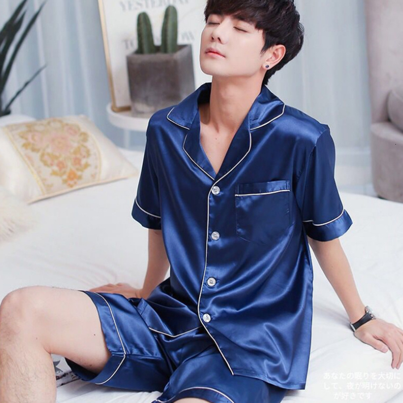 Men's Sleepwear Male Stain Silk Pajama Set Pyjamas Silk Sleepwear Men Smart Soft Pijama Suit Solid Color Satin Home Clothing Summer 230317