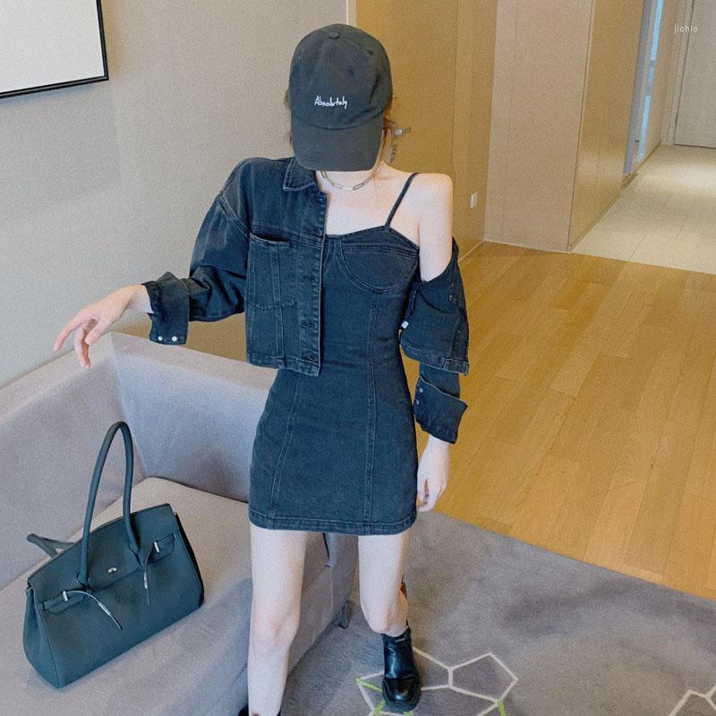 Casual Dresses French Style Spaghetti Strap Denim Dress For Womens 2024 Slim Sexy Bodycon Camisole Vestidos Femal Black Mini