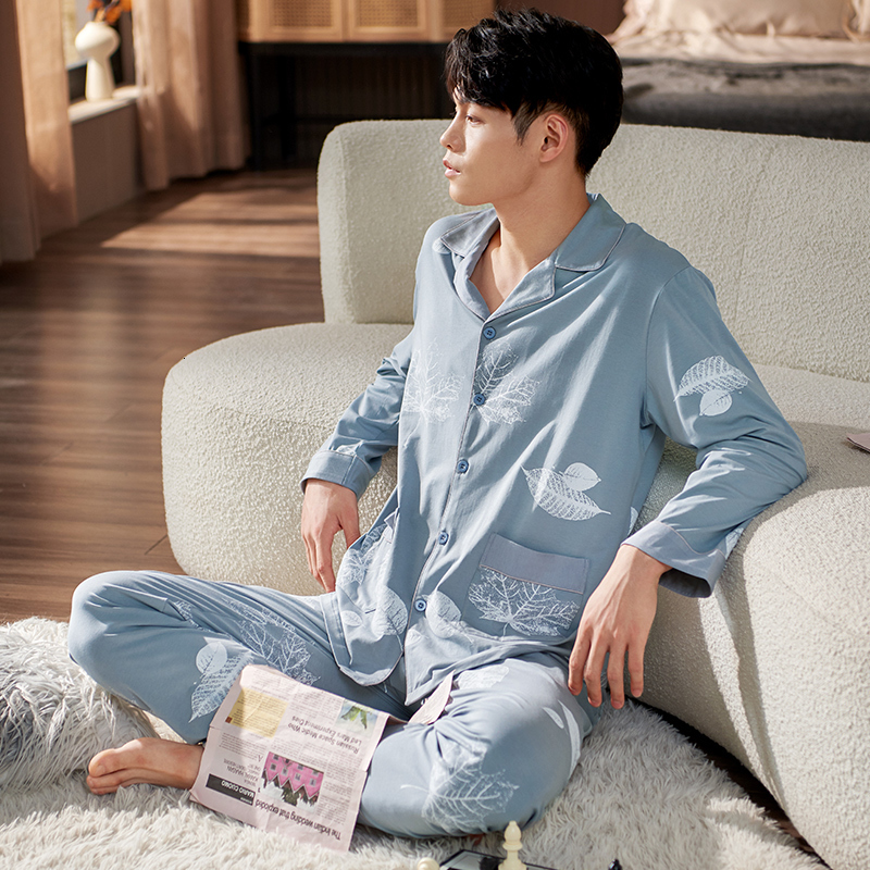 Men's Sleepwear Men Pyjama Set Modal Cotton Spring Long Sleeve Maple Leaf Print Men Pajama Suit Nightwear Lapel Collar Pijama Male Sleepwear 3XL 