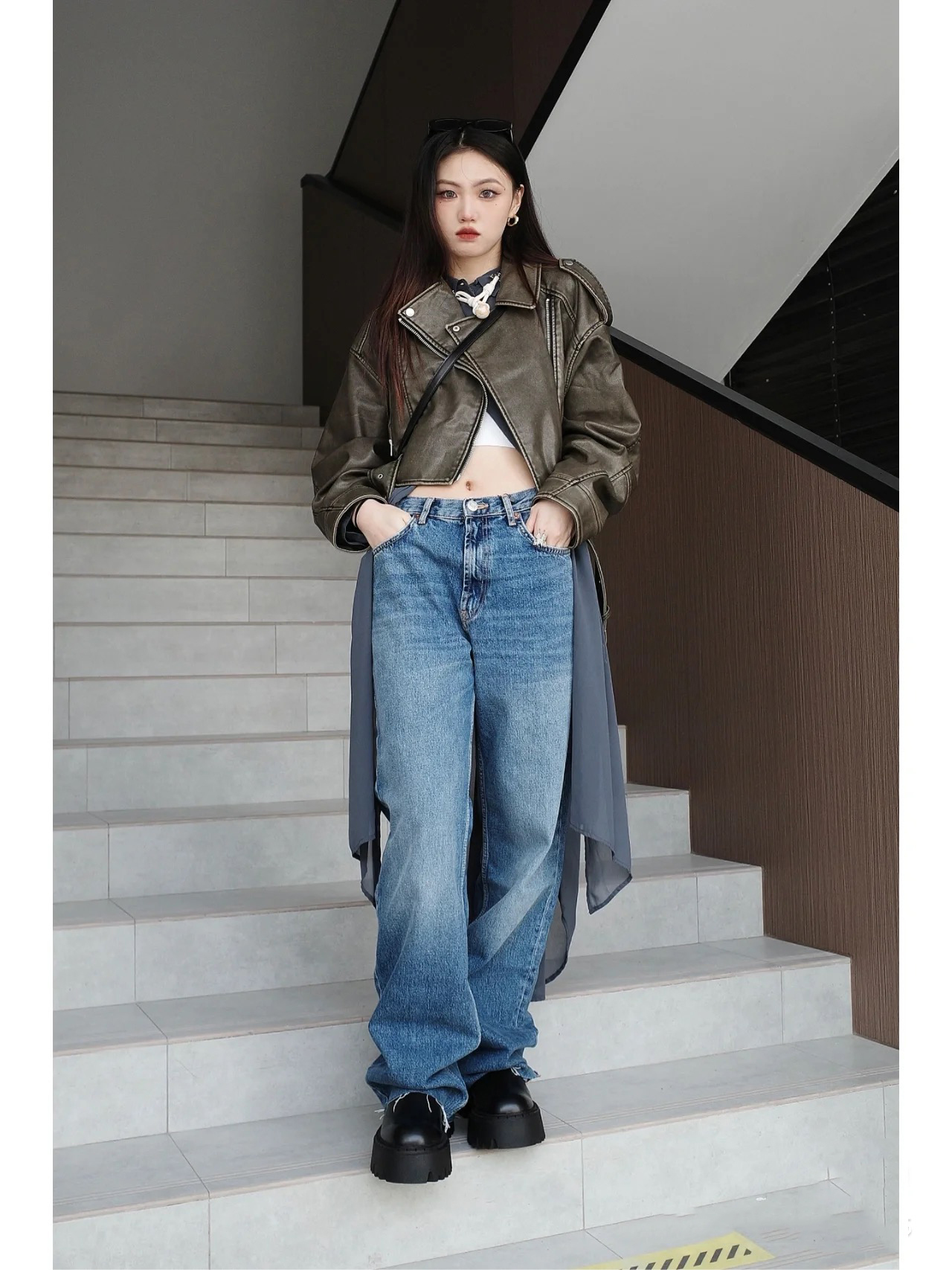 Women's Jackets Chaqueta de cuero lavado con para mujer abrigo corto cremallera degradada y cuello vuelto Vintage chaqueta elegan 230310