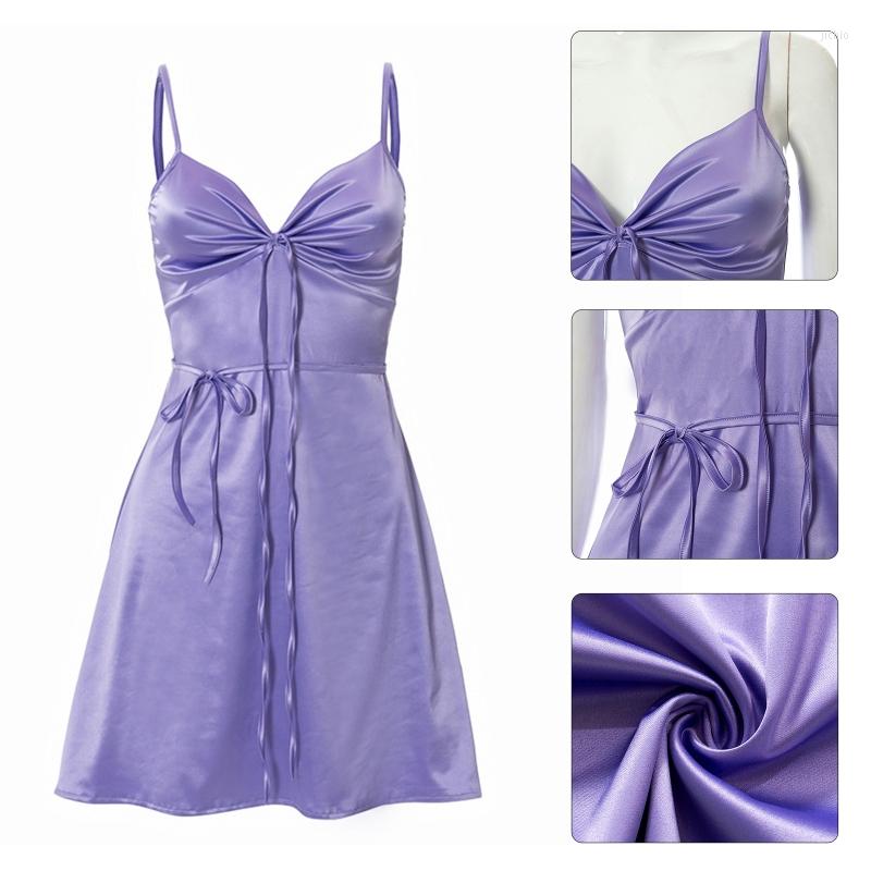 Casual Dresses Women Spaghetti Strap Satin Sexy V-Neck Ruched Bandage A-Line Slim Mini Dress