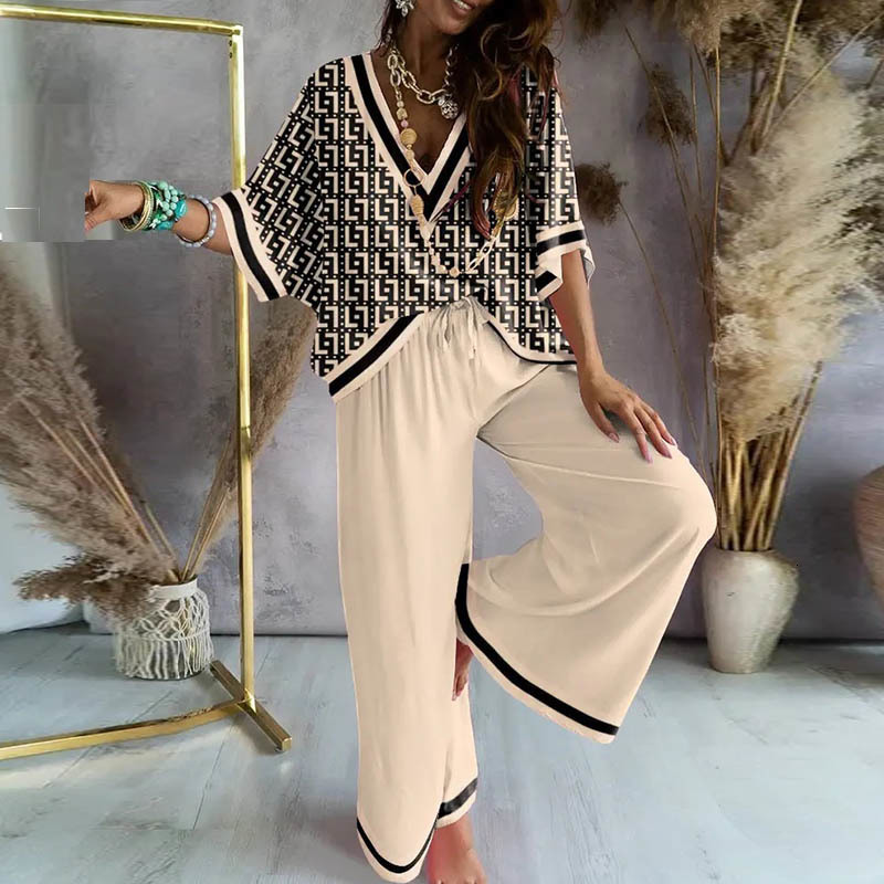 Women's Two Piece Pants Autumn Chain Hollow out Set Casual Batwing Sleeve Top Suits Elegant Summe Leopard Print wide leg pants set 230310