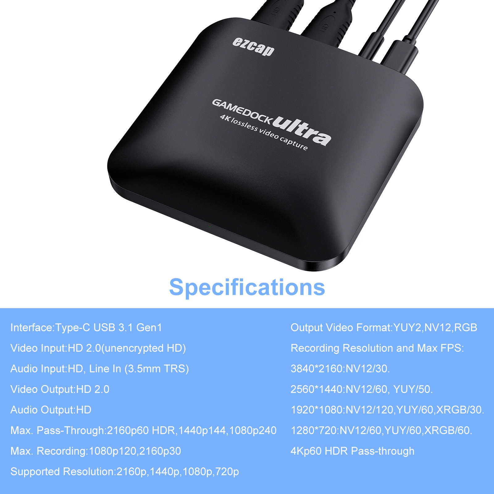 Ezcap326C 4K HDR Video Game Capture Card 1080P 60fps 120FPS Recording Box USB 3.1 Type C Game Live Streaming Device for PS4 PC