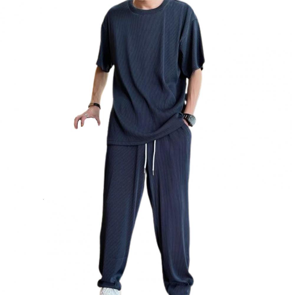 Men's Tracksuits 1 Set Top Pants Ice Silk Trouseres Solid Color Stretchy Washable Outfit Super Soft 230311