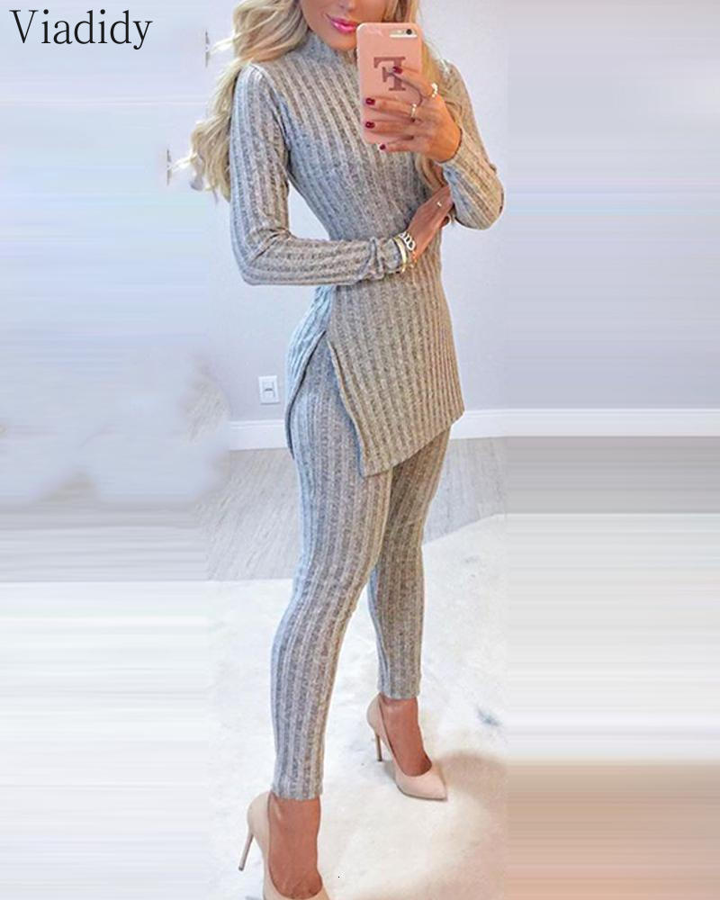Women's Two Piece Pant Winter 2pcs Suit Long Sleeve Ribbed Slit Top and High Waist Knitted Pencil Pants Set 230310