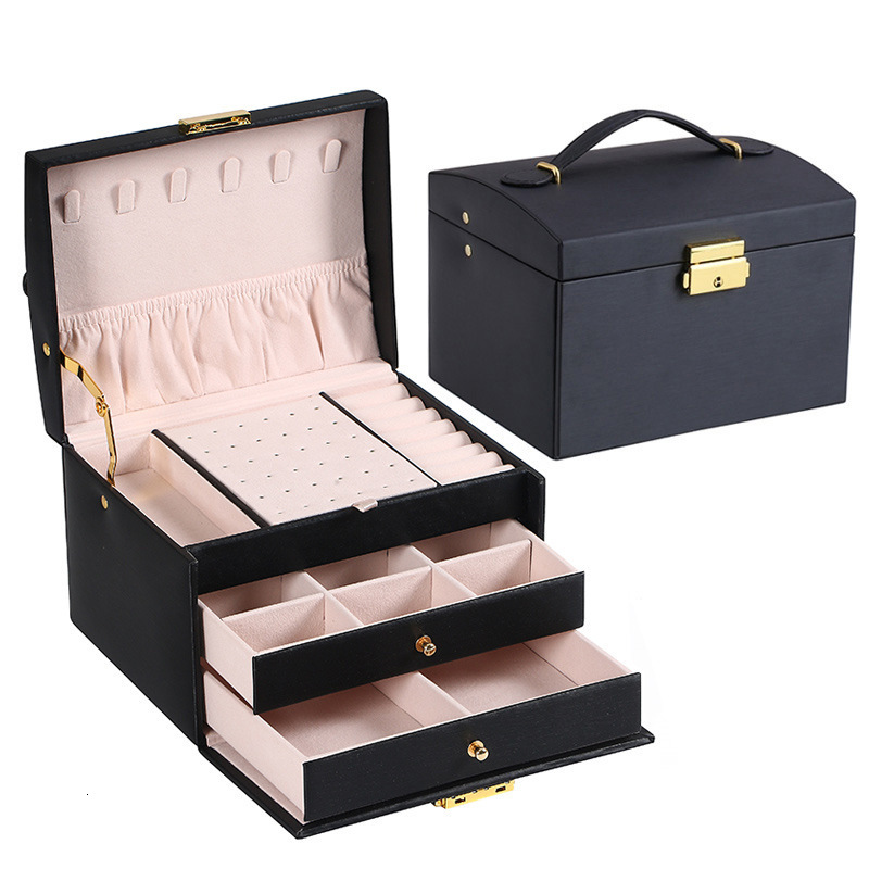 Jewelry Boxes Multifunctional Threelayer Leather Drawerstyle Jewelry Box Earrings Lock Jewelry Box 230310
