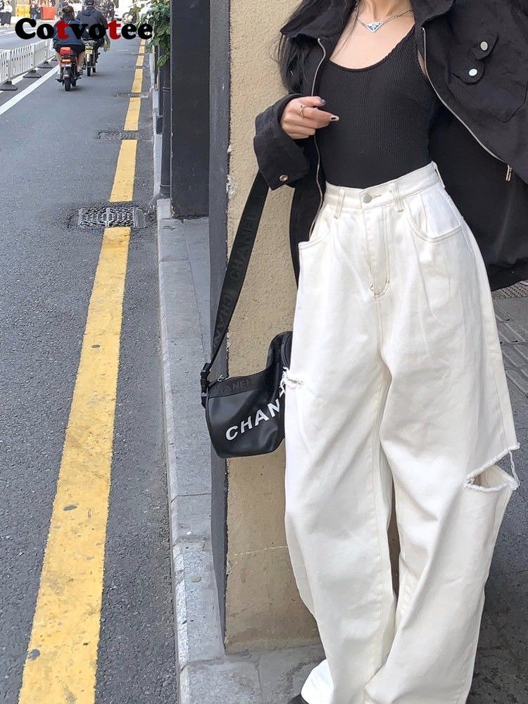 Women's Jeans Cotvotee White Ripped Jeans for Women Fashion High Waisted Jeans Holes Straight Vintage Streetwear Y2k Pants Wide Leg Jeans 230311