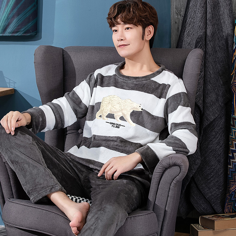Men's Sleepwear warm thick pajamas men's suit plus size thickened flannel autumn and winter home wear casual long-sleeved coral fleece 23031