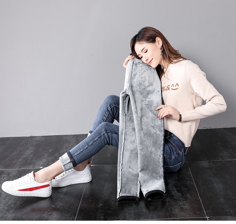 Women's Jeans Women Ladies High Waist Fleece Lined Jeans Winter Solid Color Keep Warm Casual Wild Slim Stretch Pants Trousers with Pockets 230311