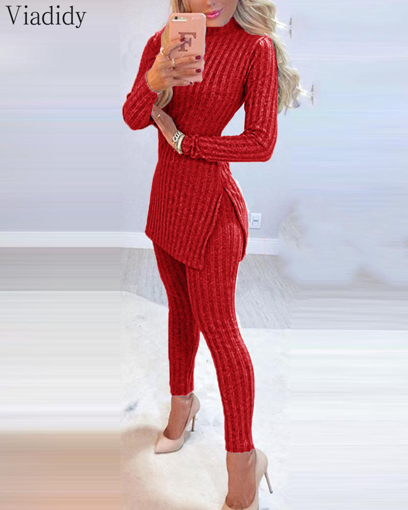 Women's Two Piece Pant Winter 2pcs Suit Long Sleeve Ribbed Slit Top and High Waist Knitted Pencil Pants Set 230310
