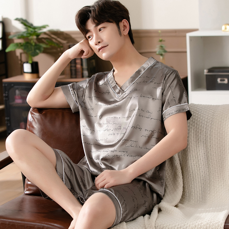 Men's Sleepwear Mens Satin T-Shirt Male V Neck Short Sleeve Casual T-Shirt Loose Pajamas Tops Printing Loungewear Sleepwear Tees Tops 230311