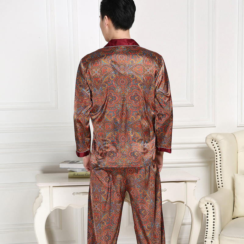 Men's Sleepwear Silk Pijama Unit Men Spring Autumn Pajamas Set Satin Lounge Pants Long Sleeve Shirt Printed Sleepwear Male Night Wear M-XXXL 2303