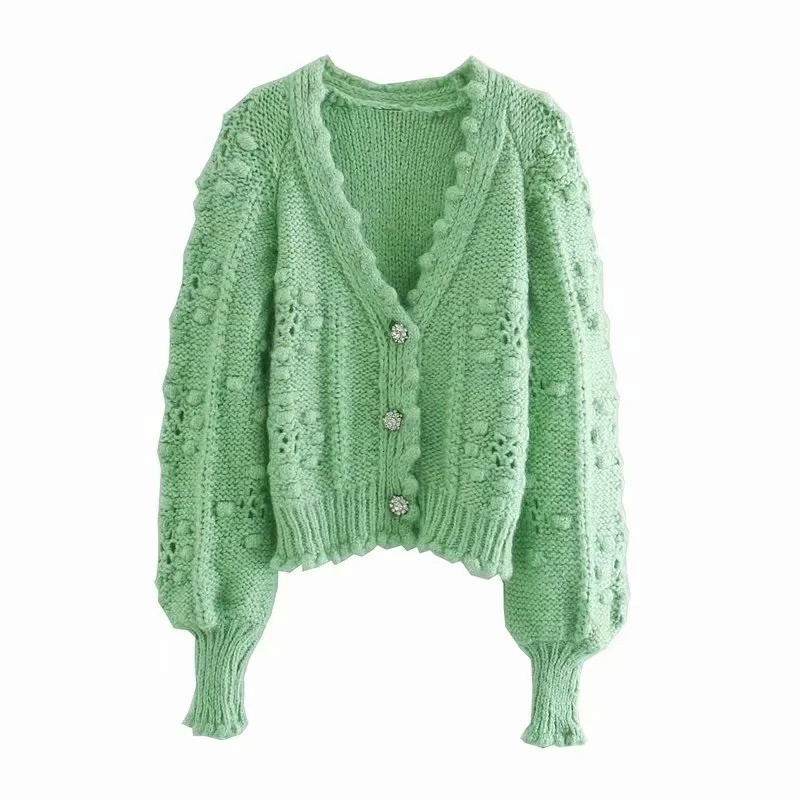 Women's Knits Tee Fashion With Gem Buttons Pompom Detail Knit Cardigan Sweater Vintage Long Sleeve Female Outerwear Chic Tops 230311
