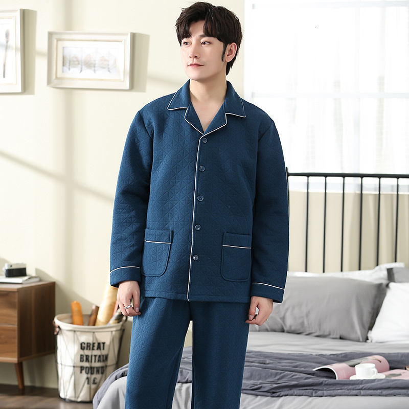 Men's Sleepwear Winter Keep Warm Thin Quilted Pajama Sets for Men Long Sleeve Air Cotton Interlayer Sleepwear Loungewear Homewear Home Clothes 23