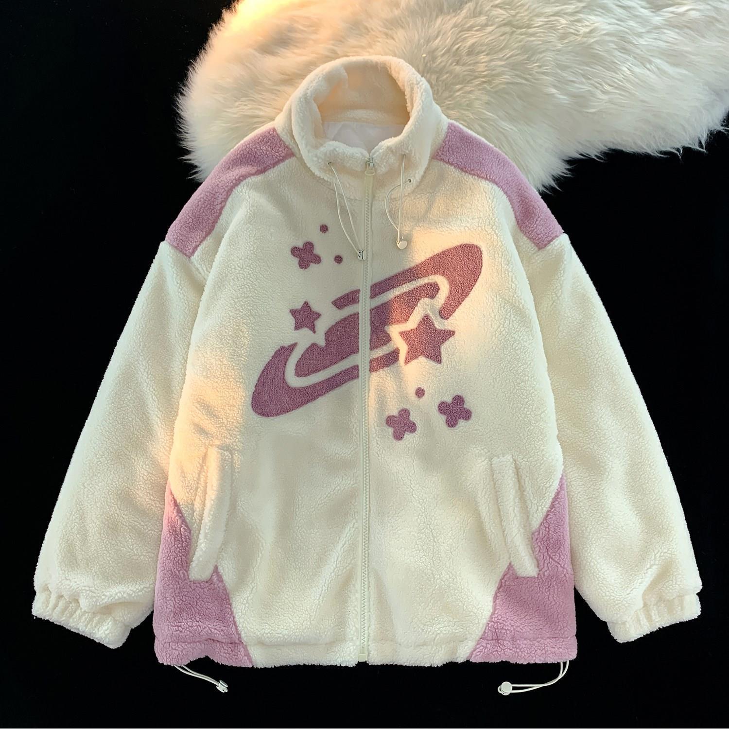 Women's Jackets Y2k Clothes Print Women Jacket Winter Warm Zipper Flannel Parka Harajuku Lambswool Sherpa Streetwear Loose Couple Hoodie Coat 230