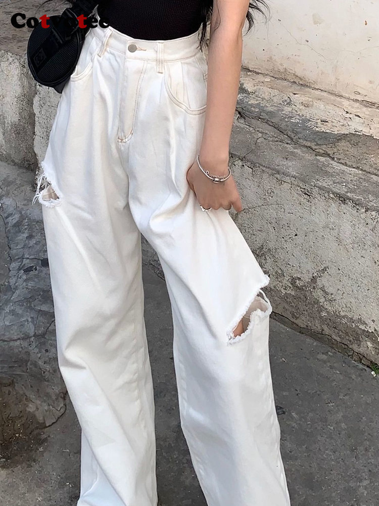 Women's Jeans Cotvotee White Ripped Jeans for Women Fashion High Waisted Jeans Holes Straight Vintage Streetwear Y2k Pants Wide Leg Jeans 230311