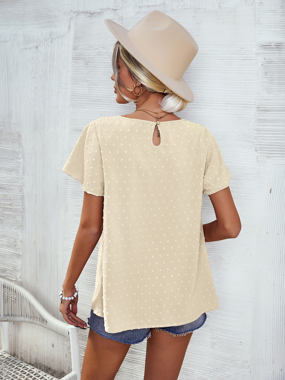Women Shirts Chiffon Lace Blouse Summer Casual Round Neck Short Sleeve Pom Pom Shirts Top