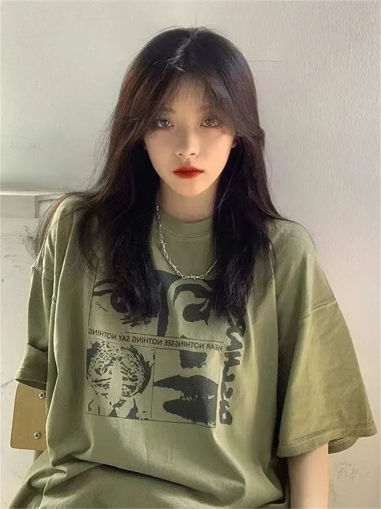 Women's TShirt QWEEK Y2K Grunge Graphic Tshirt Green Top Korean Fashion Harajuku Oversize Women Tee Vintage Streetwear Aesthetic T Shirt 230310