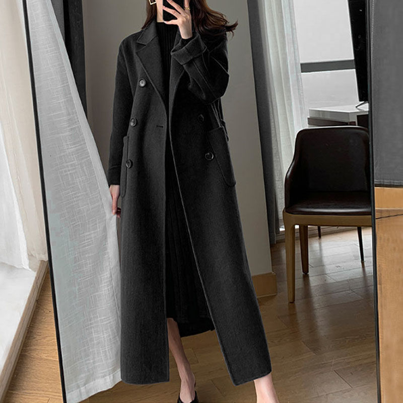 Women's Jackets Winter Trench Coat For Women Elegant Fashion Korean Casual Wool Navy Blue Laceup Long Jacket Black Woman With Blet 230310