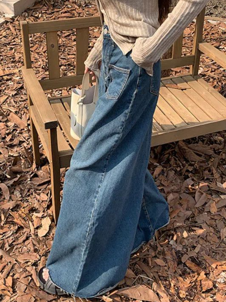 Women's Jeans S-4XL Jeans Women Vintage Loose High Waist Elegant Streetwear Chic Wide Leg Korean Style Fashion All-match Autumn Retro Blue 230311