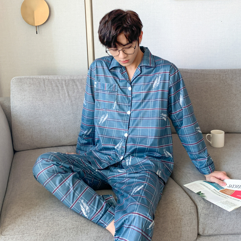 Men's Sleepwear CAIYIER Striped Men Sleepwear Long Sleeve Cardigan Long Pants Nightwear Male Pyjama Autumn Winter Loounge Wear Plus Size 2XL-4XL 