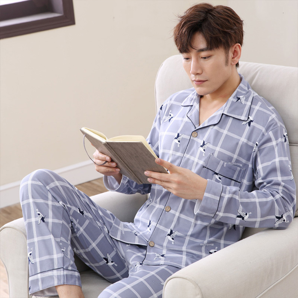 Men's Sleepwear Spring Autumn Pajama Sets Suit Knitted Cotton Casual Long Sleeve Sleepwear Plaid Home Wear Plus Size Comfortable Pajamas For Men 