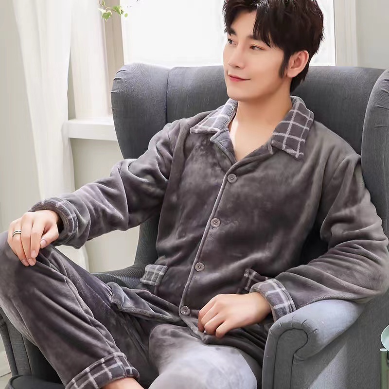 Men's Sleepwear Flannel Pajama Sets For Men Long Sleeve Thick Warm Winter Soft Coral Fleece Male Sleepwear Ladies Home Clothes Pyjamas 230311